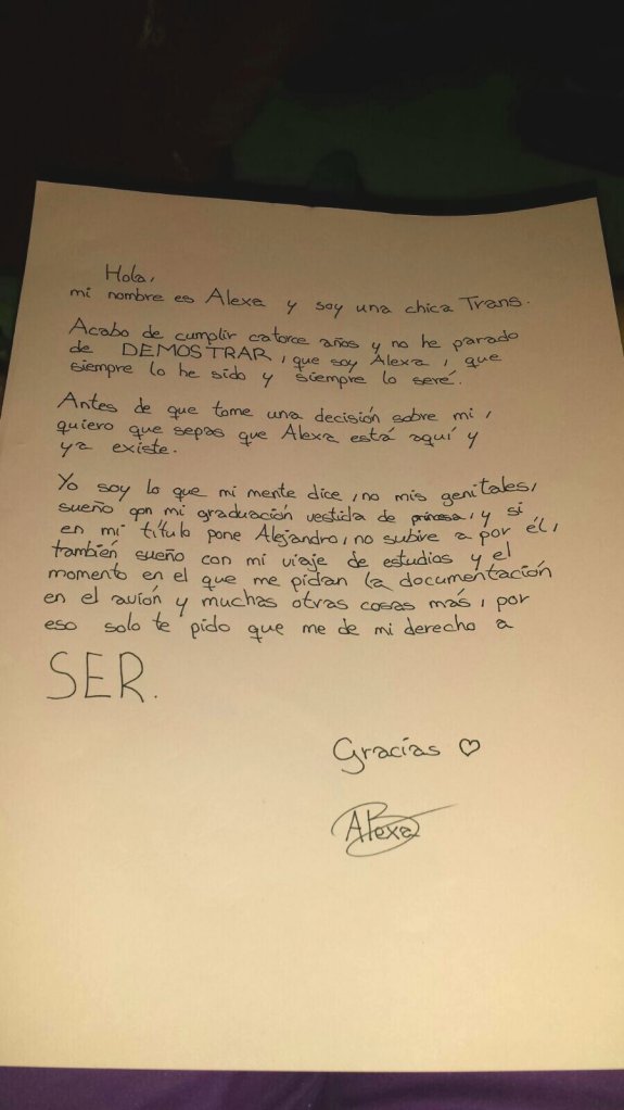 Carta escrita por Alexa y enviada al juzgado que lleva su caso.