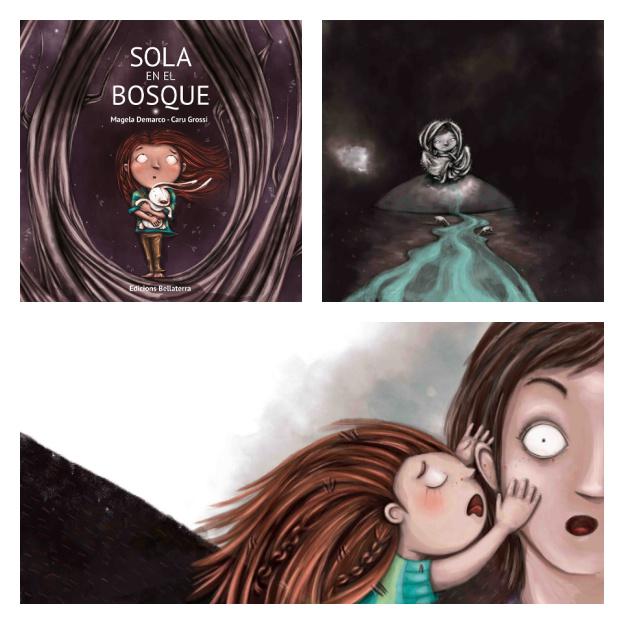 La portada y dos ilustraciones de Sola en el bosque.